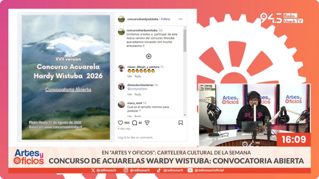 Radio Usach en la 94.5 FM. Conversamos con Alberto Collados, director del Concurso de Acuarela Hardy Wistuba 2026, quien entrega detalles sobre la convocatoria abierta hasta el 31 de agosto.